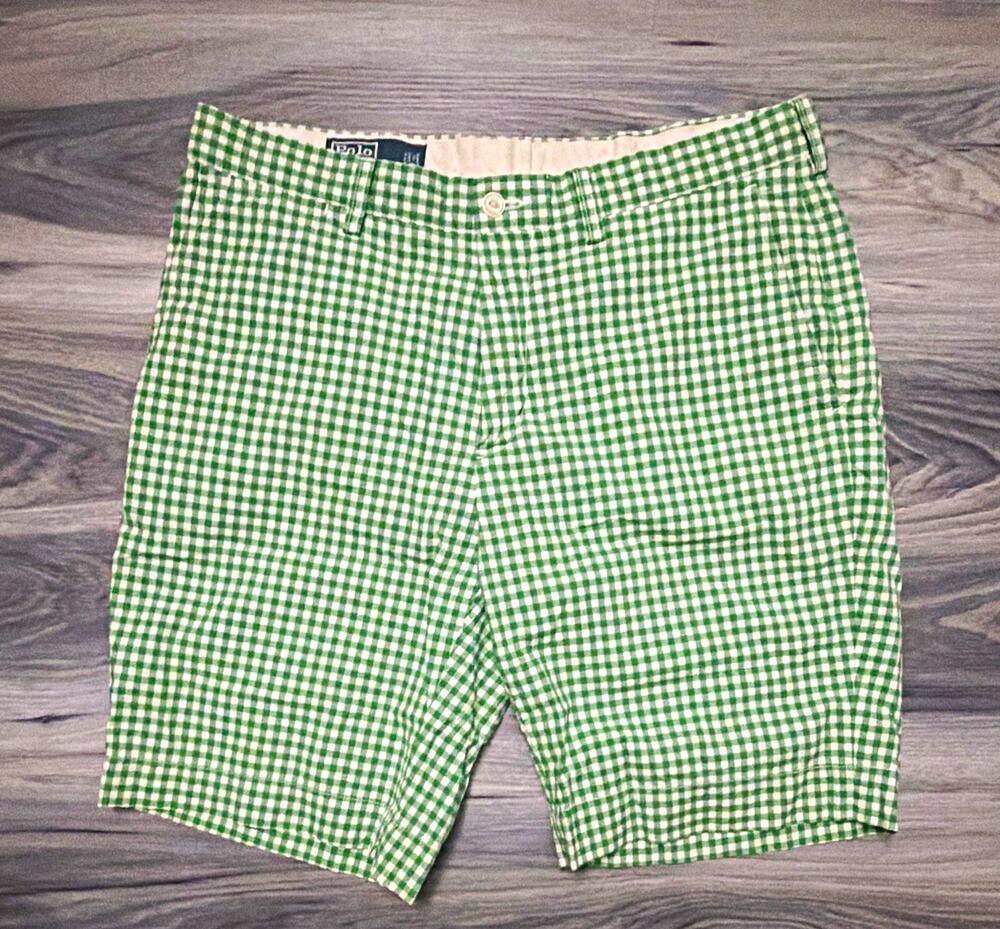 Polo by Ralph Lauren Suffield Short Green/White Gingham Cotton Flat Front 34w